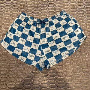Women’s Pajama Sleep Shorts Teal Cream Check Bows Size Large Super Soft
